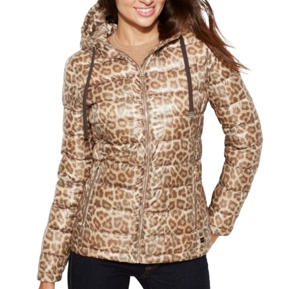 Calvin Klein Women's Small Packable Puffer Jacket Brown Leopard Print